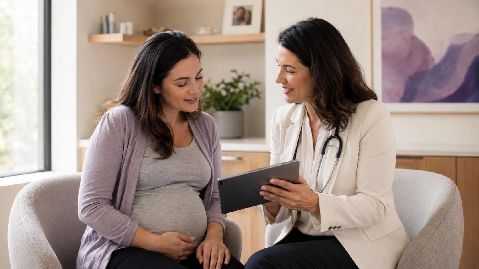 An obstetrician consulting with an expectant mother in a warm modern exam room.