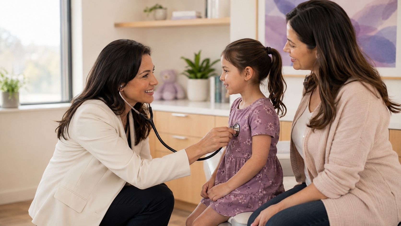 A pediatrician examining a young child while the parent sits beside them, smiling.